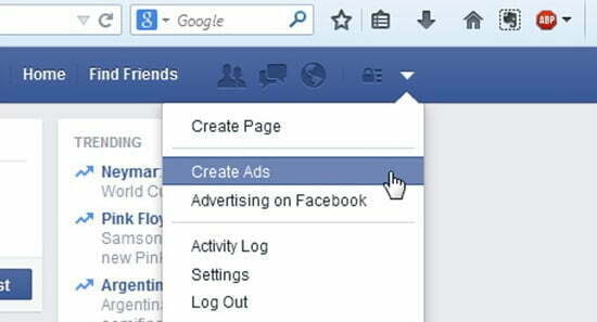 create Facebook ads tab 